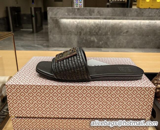 Best Product Givenchy 4G Straw Flat Slide Sandals Black 703142