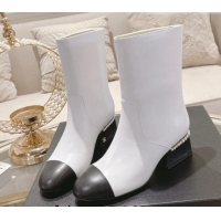 Pretty Style Chanel Lambskin Heel Ankle Boots 4.5cm with Pearls White 828017