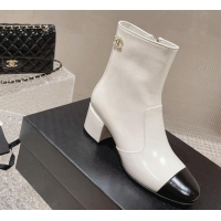 Top Design Chanel Patent Calfskin Heel Ankle Boots with Chain CC White 828025