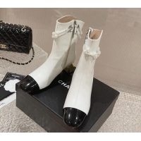 Sumptuous Chanel Calfskin Heel Ankle Boots with Pearl Tassel White 828030