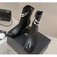 Top Grade Chanel Calfskin Heel Ankle Boots with Pearl Tassel Black 828032