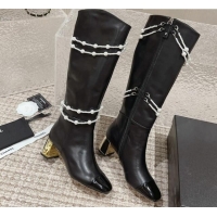 Crafted Chanel Calfskin Heel High Boots with Pearl Tassel Black 828033