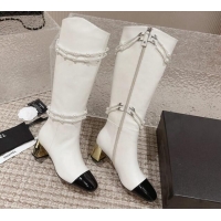 Best Grade Chanel Calfskin Heel High Boots with Pearl Tassel White 828034