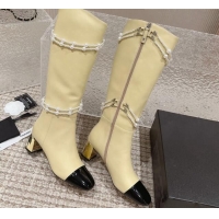 Perfect Chanel Calfskin Heel High Boots with Pearl Tassel Beige 828035