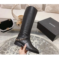 Durable Chanel Calfskin Flat High Boots with Chain Black 828040