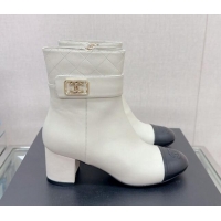 Elegant Chanel Calfskin Heel Ankle Boots 5cm with Framed CC White 901009