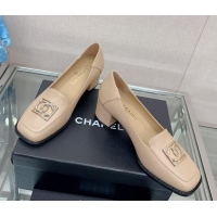 Good Product Chanel Lambskin Heel Loafers 5.5cm with Framed CC Beige 901012