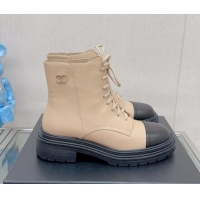 Good Quality Chanel Lambskin Lace-up Ankle Boots 3.5cm Beige 901018