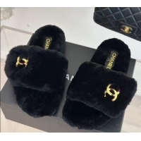 Best Price Chanel Wool Flat Slide Sandals with Stone CC Black 901026