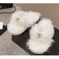 Good Looking Chanel Wool Fur Flat Thong Slide Sandals White 901027