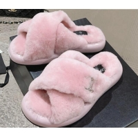 Durable Chanel Wool Flat Slide Sandals with Cross Strap Light Pink 901033