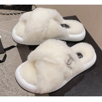 Unique Style Chanel Wool Flat Slide Sandals with Cross Strap White 901034