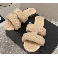 Popular Style Chanel Shearling Flat Slide Sandals with Pearls Beige 901035