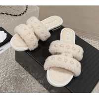 Shop Duplicate Chanel Shearling Flat Slide Sandals with Pearls White 901036