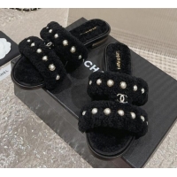 Unique Discount Chanel Shearling Flat Slide Sandals with Pearls Black 901037