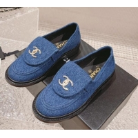 Good Quality Chanel Blue Denim Loafers with Crystal CC Foldover 901044