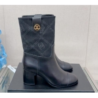 Good Product Chanel Calfskin & Denim Heel Ankle Boots Black 904043