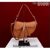 Unique Grade Dior Medium Saddle Bag with Studs in Smooth Calfskin CD1117 Brown/Silver 2023