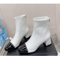 Most Popular Chanel Lambskin & Patent Calfskin Heel Ankle Boots 5cm with Chain White 0904048