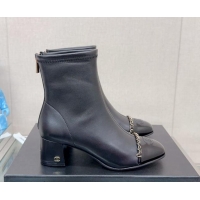 New Design Chanel Lambskin & Patent Calfskin Heel Ankle Boots 5cm with Chain Black 0904049