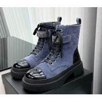 Good Quality Chanel Canvas Ankle Boots with Strap Blue 091101