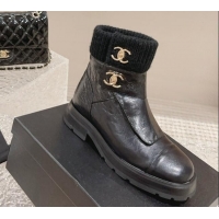 Good Quality Chanel Calfskin & Knit Ankle Boots Black 91114