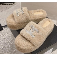 Feminine Chanel Shearling Wool Platform Slide Sandals with Crystal CC Beige 91117