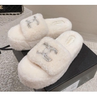 Best Quality Chanel Shearling Wool Platform Slide Sandals with Crystal CC White 91118