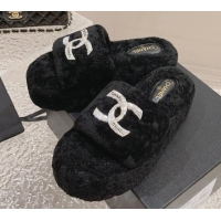 Best Price Chanel Shearling Wool Platform Slide Sandals with Crystal CC Black 91119