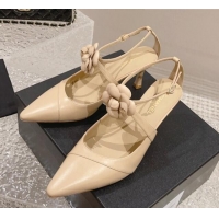 Popular Style Chanel Lambskin Pumps 7.5cm with Camellia Bloom Beige 091121