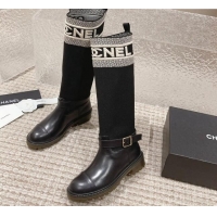 Low Price Chanel Calfskin & Knit High Boots Black 91125