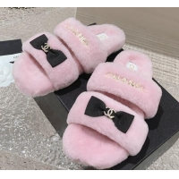 Good Taste Chanel Shearling Wool Flat Slide Sandals with Bow Light Pink 091129