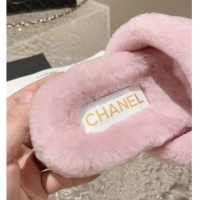 Good Taste Chanel Shearling Wool Flat Slide Sandals with Bow Light Pink 091129