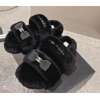 Big Discount Chanel Shearling Wool Flat Slide Sandals with Bow Black 091130