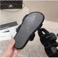 Big Discount Chanel Shearling Wool Flat Slide Sandals with Bow Black 091130