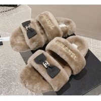 Durable Chanel Shearling Wool Flat Slide Sandals with Bow Beige 091131