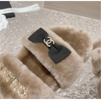 Durable Chanel Shearling Wool Flat Slide Sandals with Bow Beige 091131