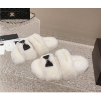 Best Price Chanel Shearling Wool Flat Slide Sandals with Bow White 91132