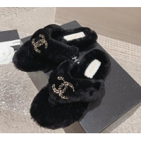 Super Quality Chanel Shearling Wool Flat Thong Slide Sandals with Chain Black 091133