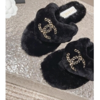 Super Quality Chanel Shearling Wool Flat Thong Slide Sandals with Chain Black 091133