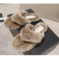 Top Quality Chanel Shearling Wool Flat Thong Slide Sandals with Chain Beige 291134