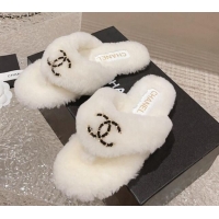 Good Looking Chanel Shearling Wool Flat Thong Slide Sandals with Chain White 091136