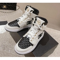 Unique Style Chanel Quilted Calfskin High-top Sneakers with Pearls CC White1/Black 091137