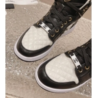 Luxurious Chanel Quilted Calfskin High-top Sneakers with Pearls CC White2/Black 091138