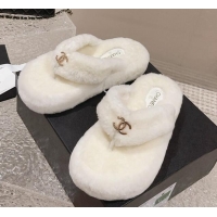 Perfect Chanel Wool Platform Thong Slide Sandals White 091142