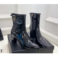 Big Enough Chanel Patent Leather Heel Ankle Boots 6.5cm with CC Buckle Strap Black 915003