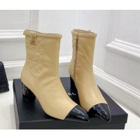 Buy Duplicate Chanel Calfskin Heel Ankle Boots 6.5cm with CC Buckle Strap Beige 915004