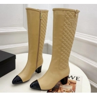 Duplicate Chanel Calfskin Heel High Boots 6.5cm with CC Buckle Strap Beige 915008