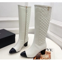 Best Grade Chanel Calfskin Heel High Boots 6.5cm with CC Buckle Strap White 915009