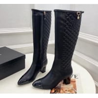 Luxurious Chanel Calfskin Heel High Boots 6.5cm with CC Buckle Strap Black 915010